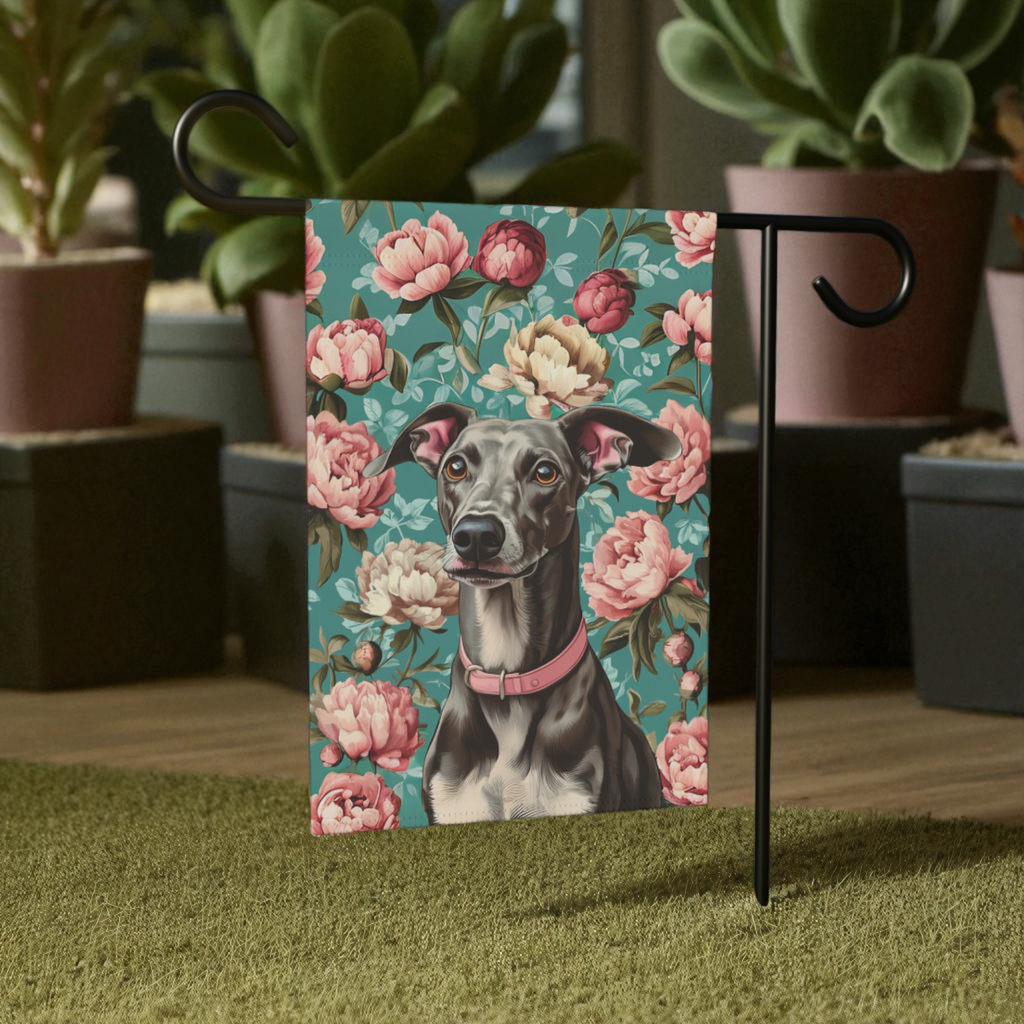 Pink Collar Greyhound Garden Flag - size comparison - Dragonfire Gardens