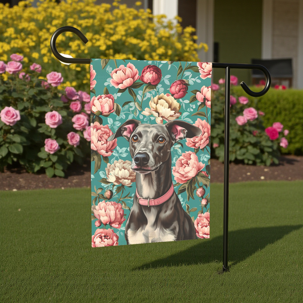 Pink Collar Greyhound Garden Flag - lifestyle display - Dragonfire Gardens