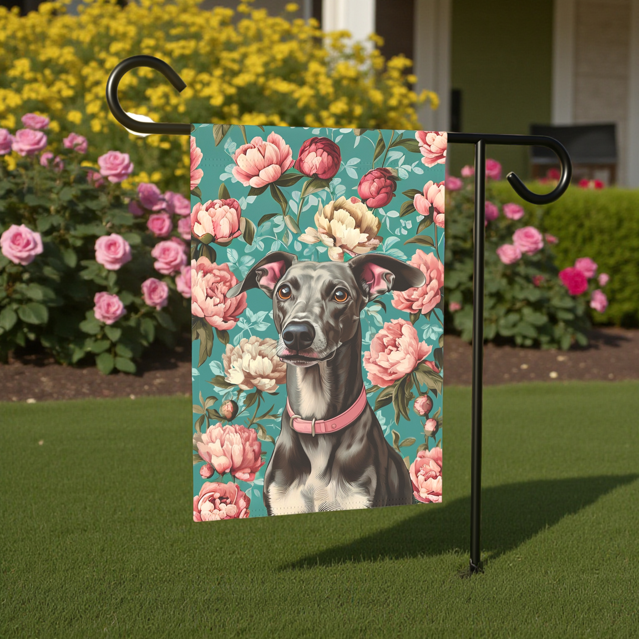 Pink Collar Greyhound Garden Flag - lifestyle display - Dragonfire Gardens