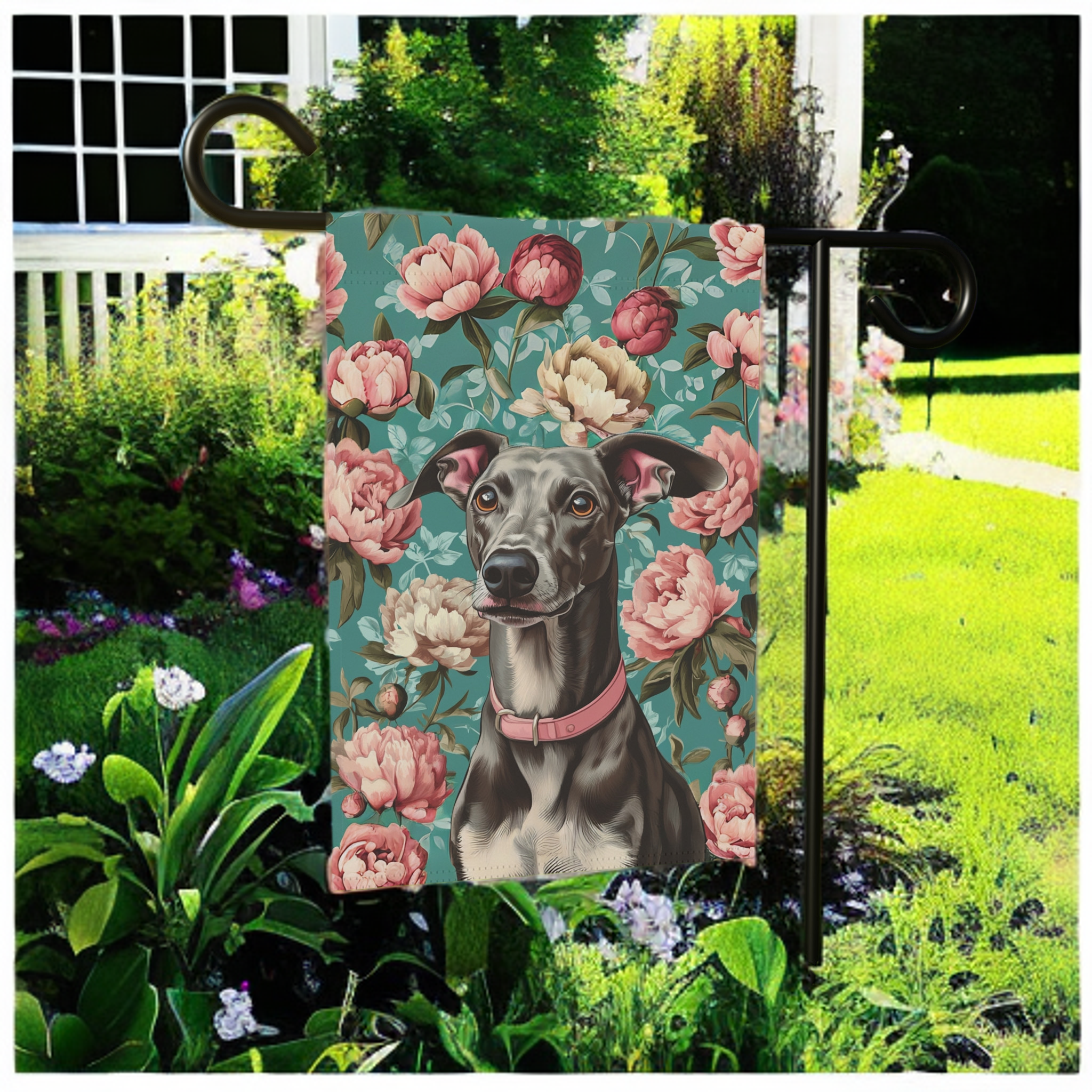 Pink Collar Greyhound Garden Flag - product detail - Dragonfire Gardens
