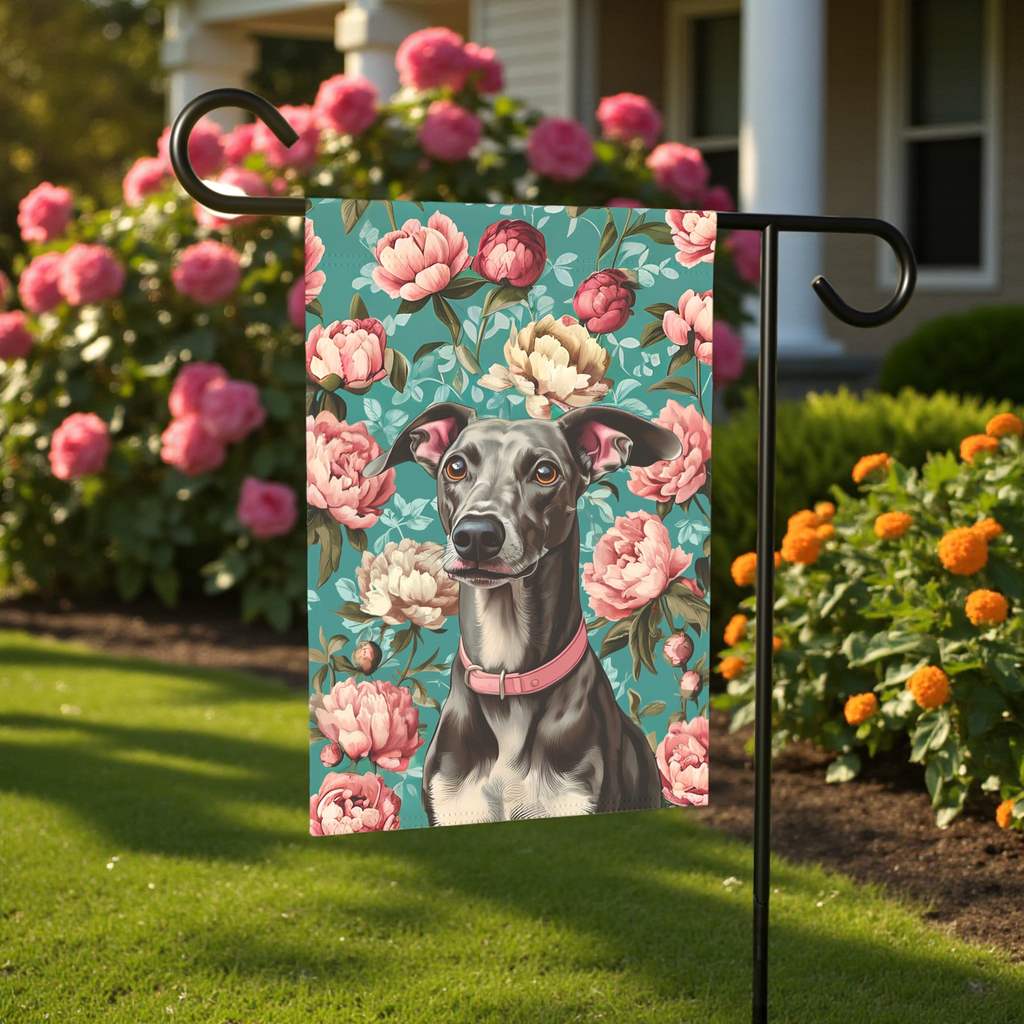 Pink Collar Greyhound Garden Flag - front view - Dragonfire Gardens