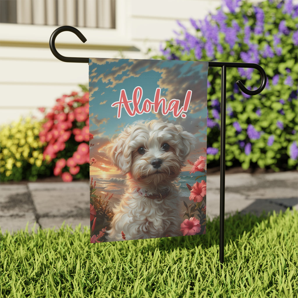 Pink Flower White Russian Bolonka Garden Flag - outdoor display - Dragonfire Gardens