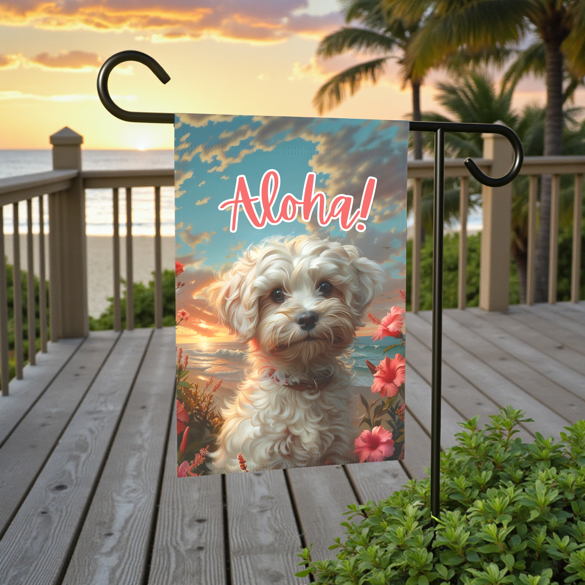 Pink Flower White Russian Bolonka Garden Flag - lifestyle display - Dragonfire Gardens