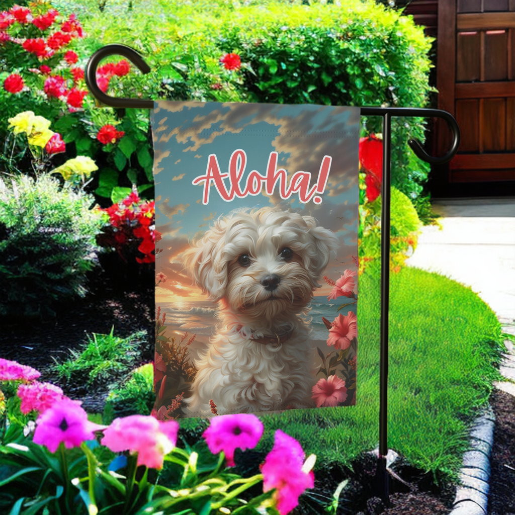 Pink Flower White Russian Bolonka Garden Flag - size comparison - Dragonfire Gardens