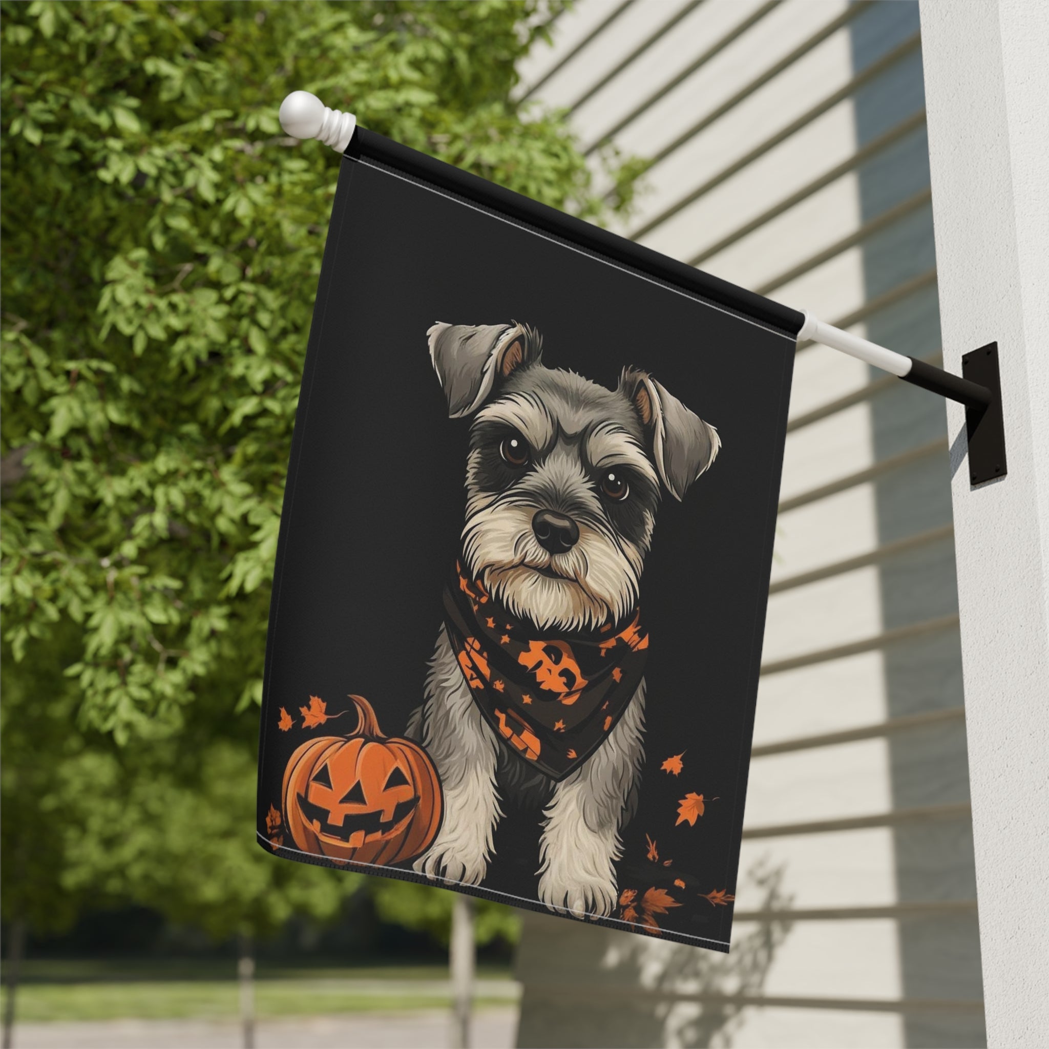 Little Pumpkin and Miniature Schnauzer Halloween Garden Flag - close-up detail - Dragonfire Gardens
