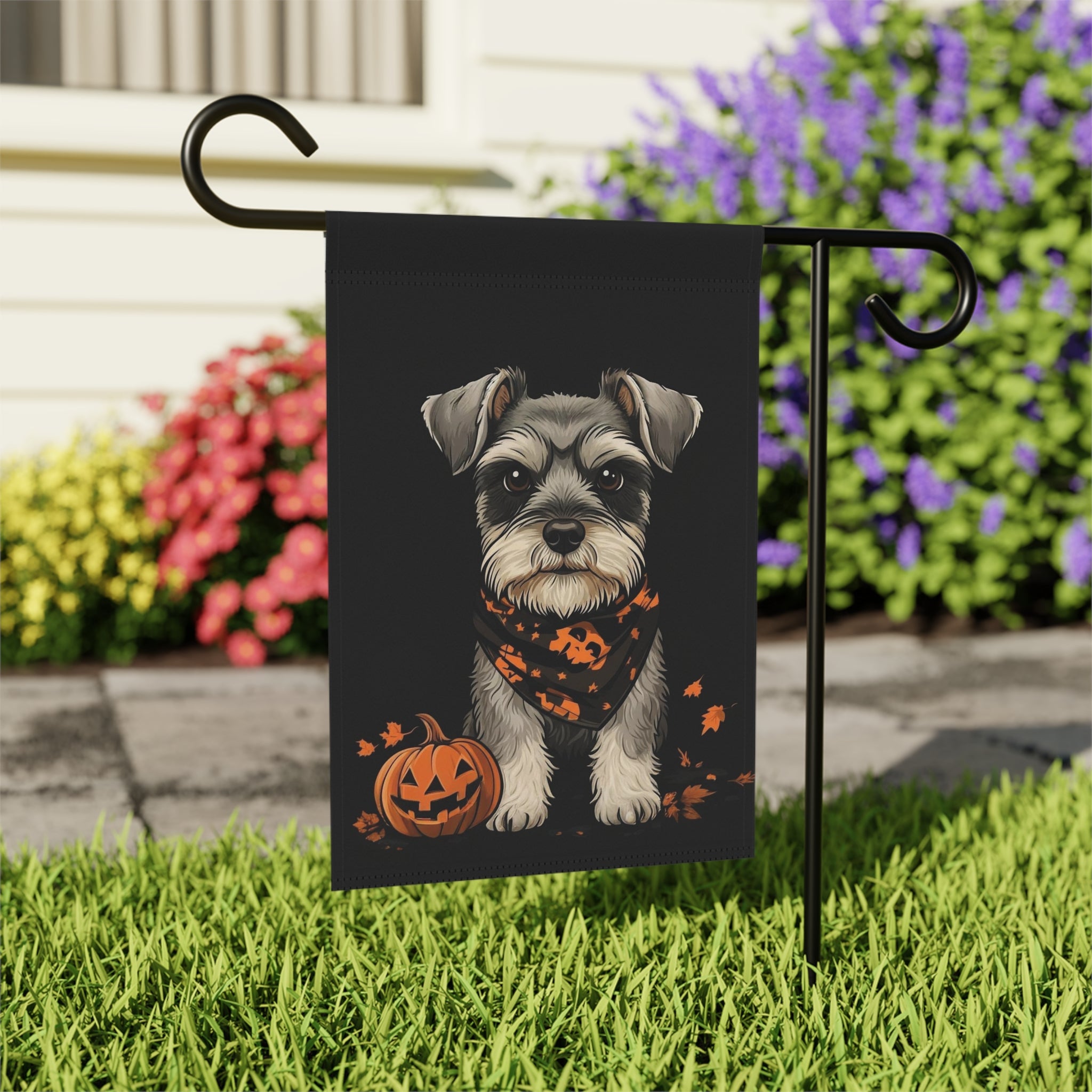 Little Pumpkin and Miniature Schnauzer Halloween Garden Flag - outdoor display - Dragonfire Gardens