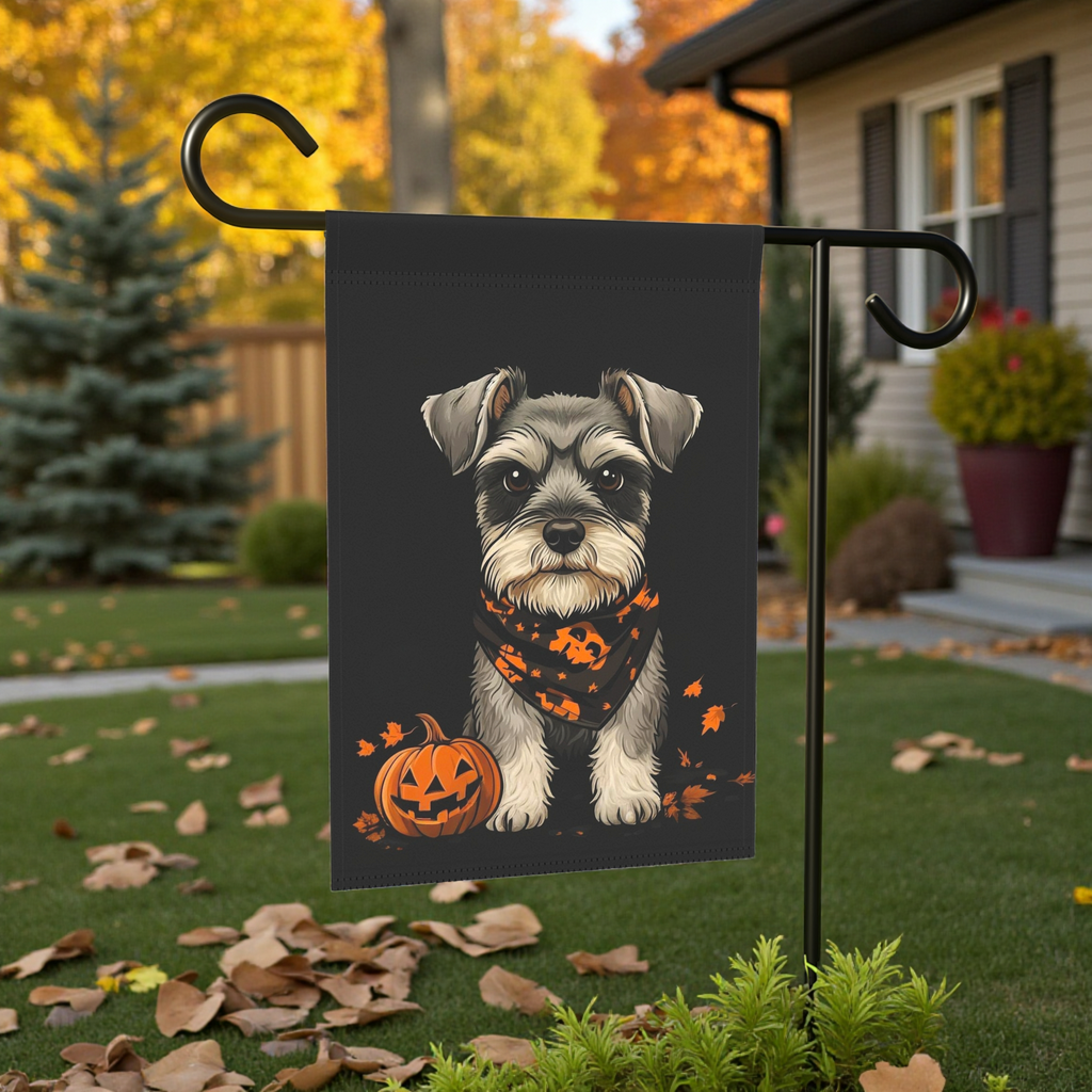 Little Pumpkin and Miniature Schnauzer Halloween Garden Flag - size comparison - Dragonfire Gardens