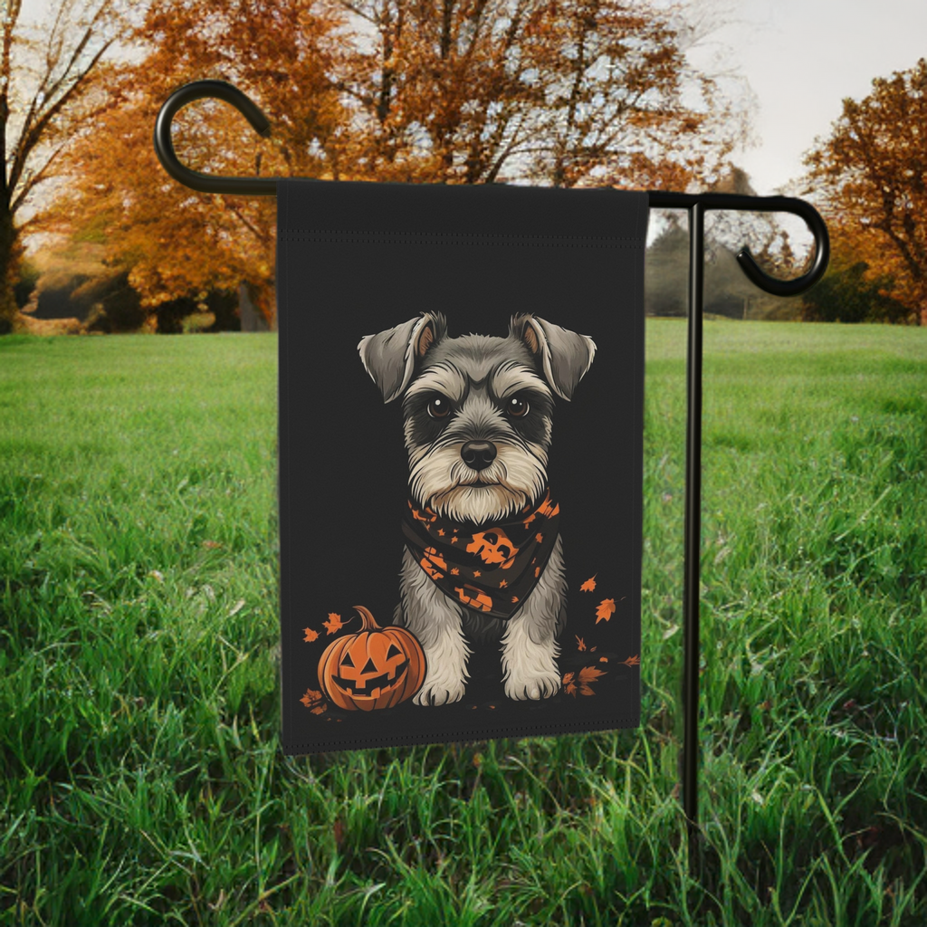 Little Pumpkin and Miniature Schnauzer Halloween Garden Flag - lifestyle display - Dragonfire Gardens