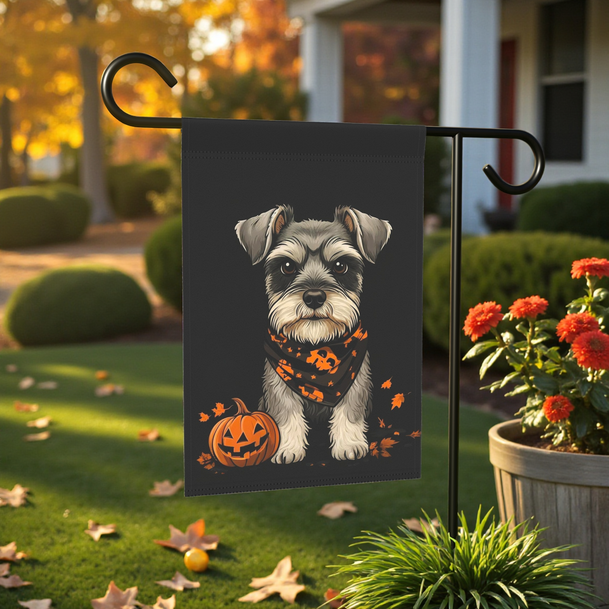 Little Pumpkin and Miniature Schnauzer Halloween Garden Flag - front view - Dragonfire Gardens