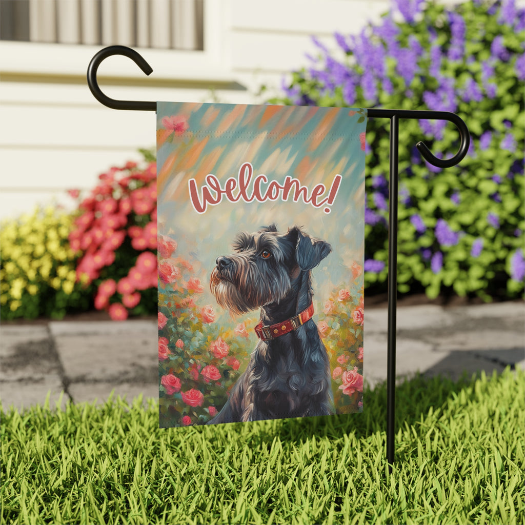 Pink Flower Schnauzer Garden Flag - front view - Dragonfire Gardens