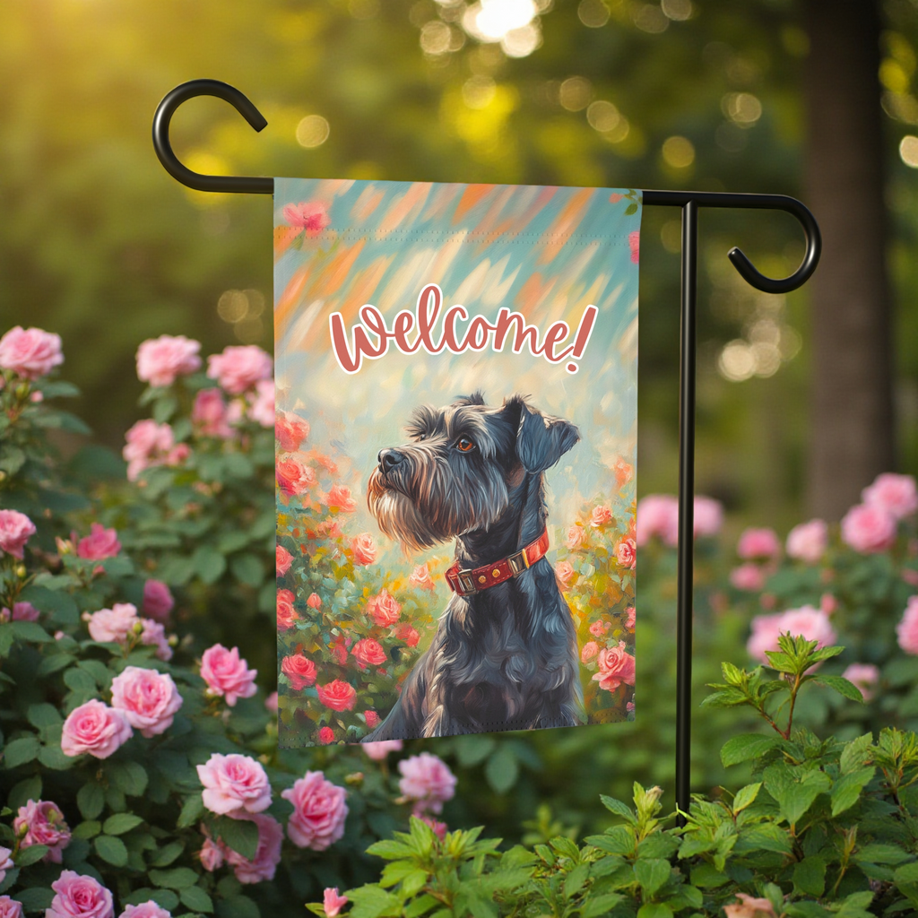 Pink Flower Schnauzer Garden Flag - close-up detail - Dragonfire Gardens
