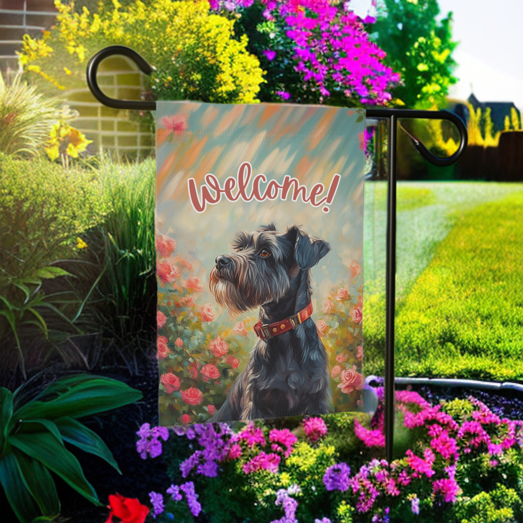 Pink Flower Schnauzer Garden Flag - lifestyle display - Dragonfire Gardens