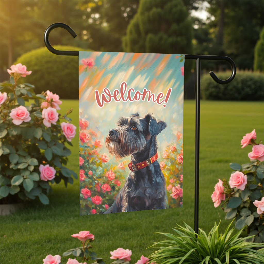 Pink Flower Schnauzer Garden Flag - size comparison - Dragonfire Gardens