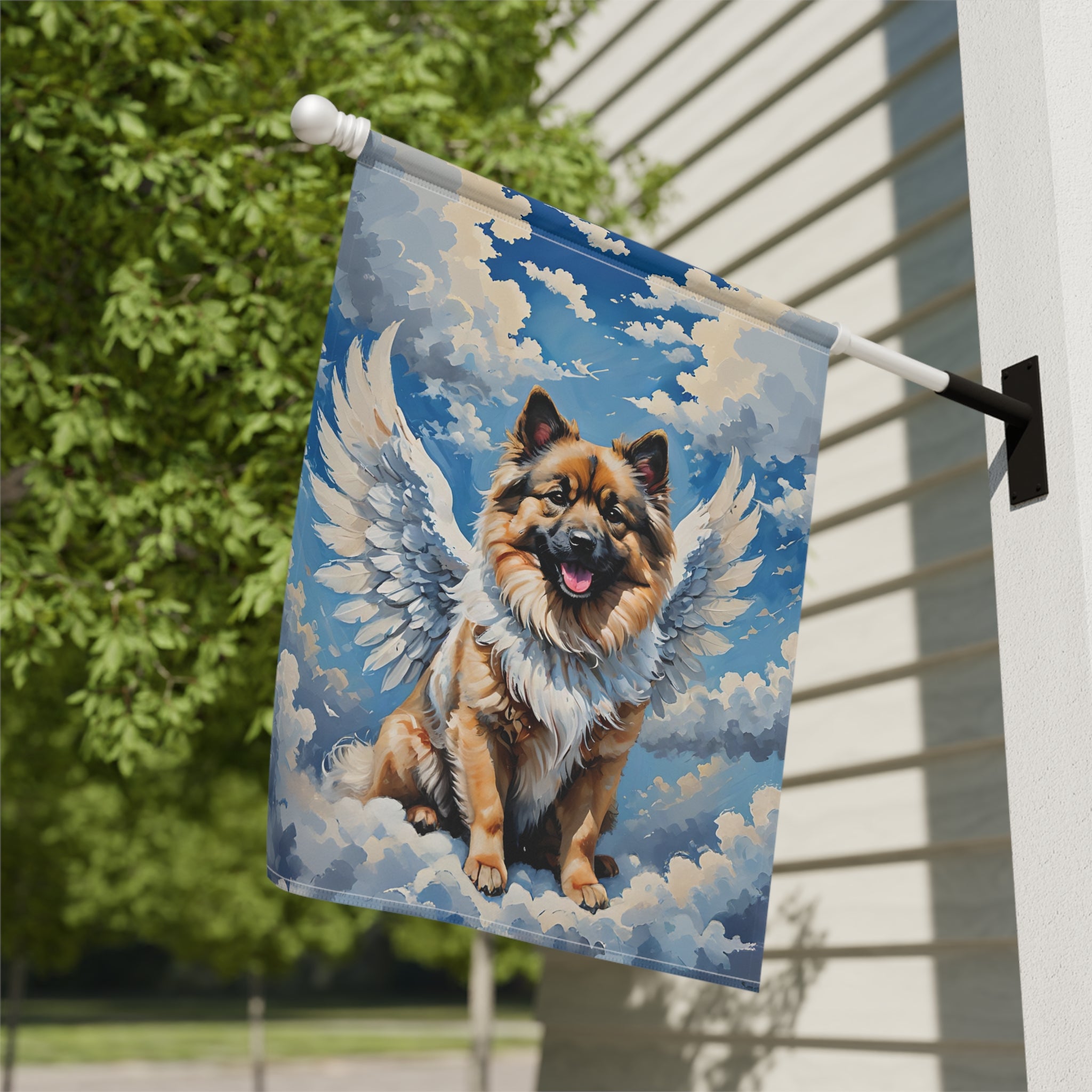 Keeshond Angel Garden Flag - close-up detail - Dragonfire Gardens