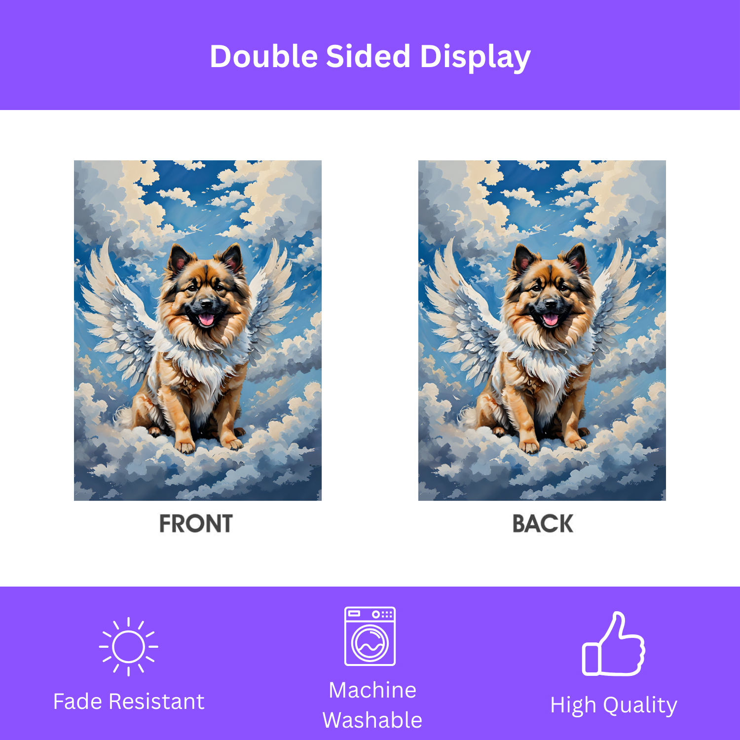 Keeshond Angel Garden Flag - double-sided design - Dragonfire Gardens
