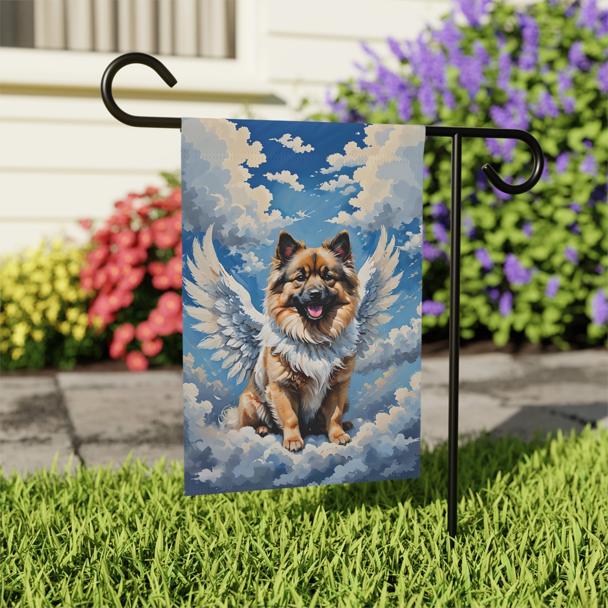 Keeshond Angel Garden Flag - outdoor display - Dragonfire Gardens