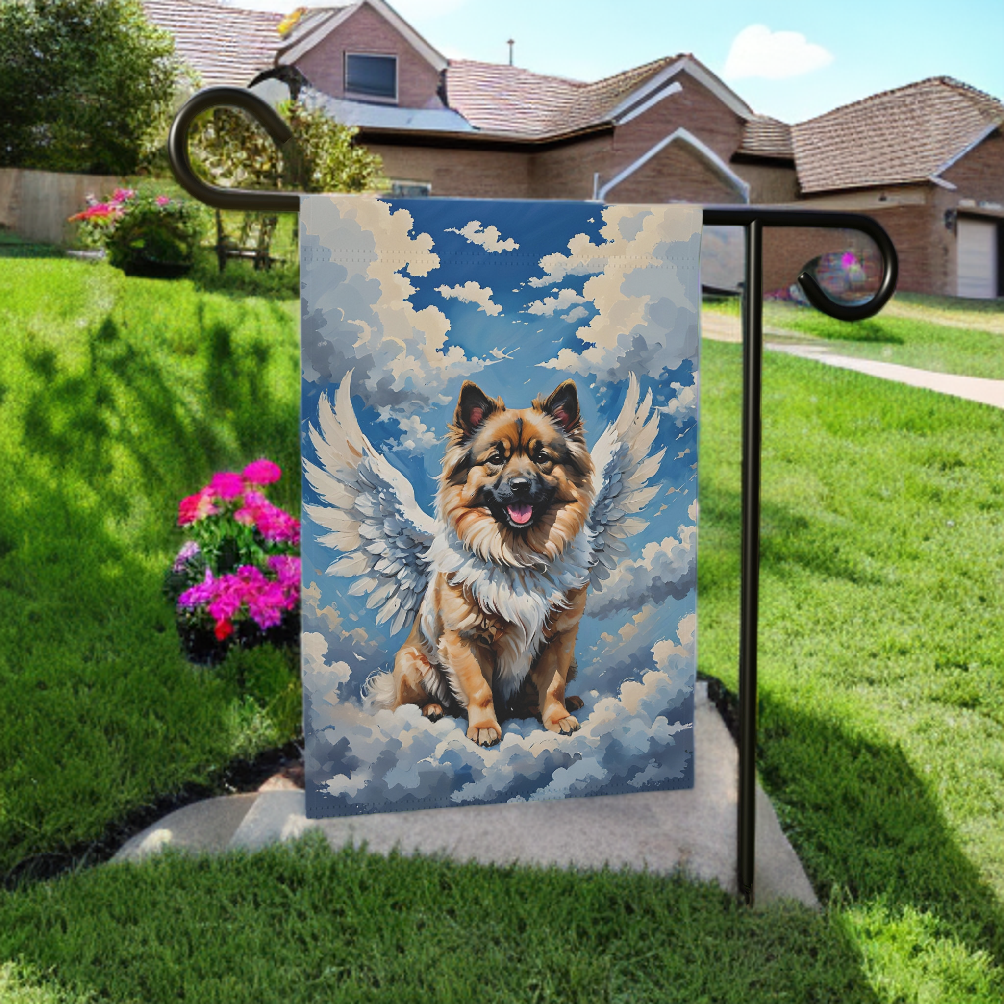 Keeshond Angel Garden Flag - lifestyle display - Dragonfire Gardens