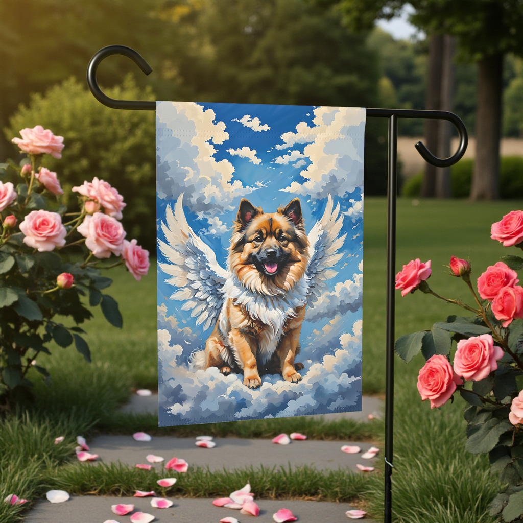 Keeshond Angel Garden Flag - front view - Dragonfire Gardens