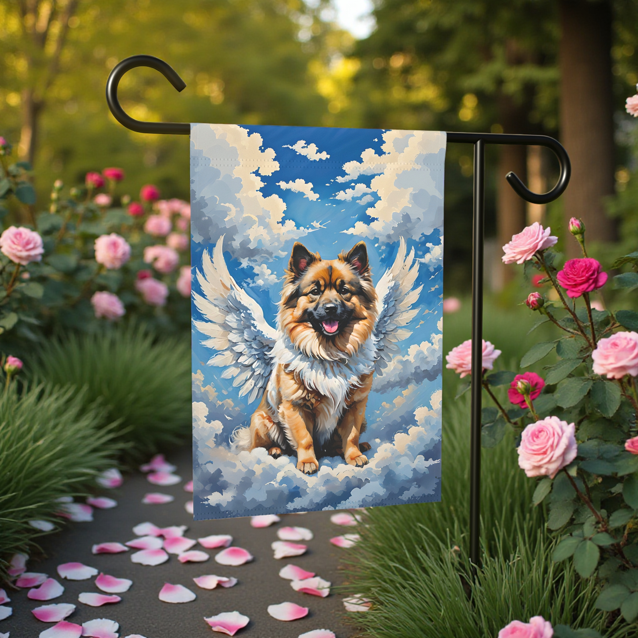 Keeshond Angel Garden Flag - size comparison - Dragonfire Gardens