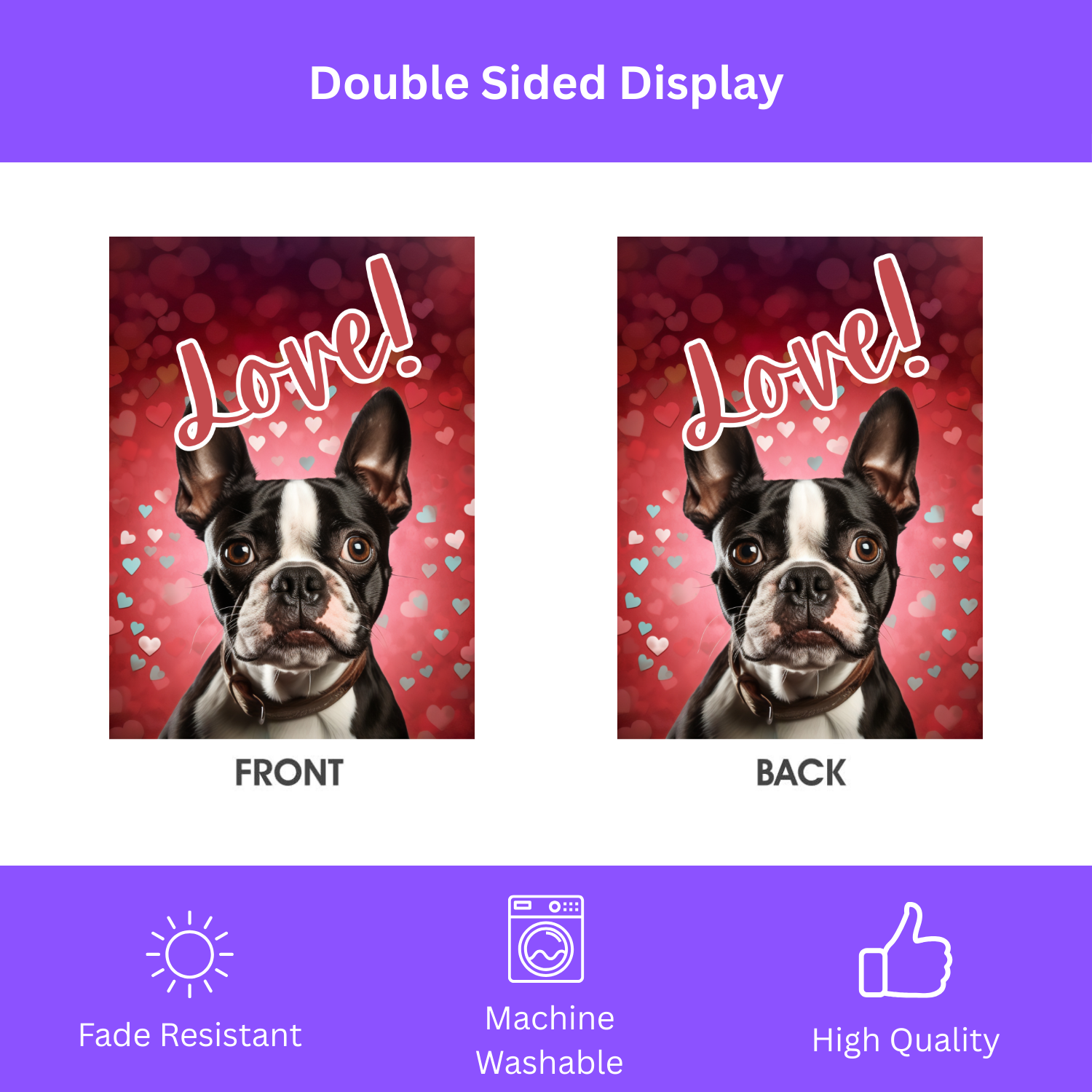 Love Boston Terrier Garden Flag - double-sided design - Dragonfire Gardens