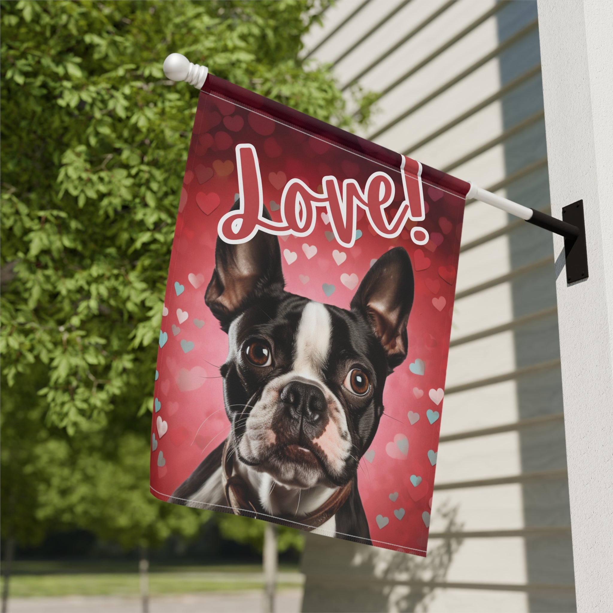 Love Boston Terrier Garden Flag - close-up detail - Dragonfire Gardens