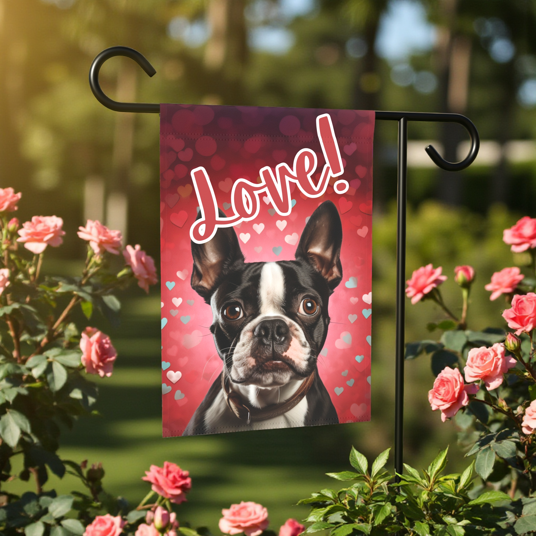 Love Boston Terrier Garden Flag - size comparison - Dragonfire Gardens