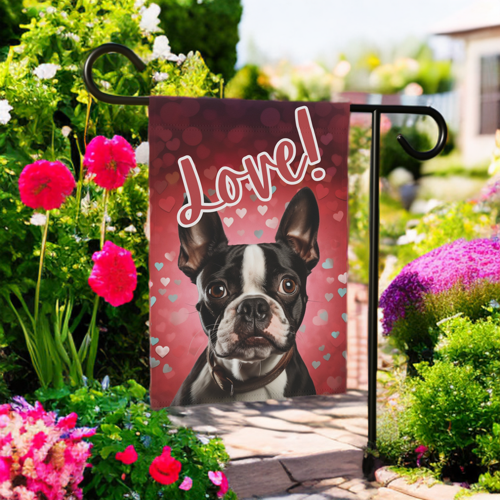 Love Boston Terrier Garden Flag - lifestyle display - Dragonfire Gardens