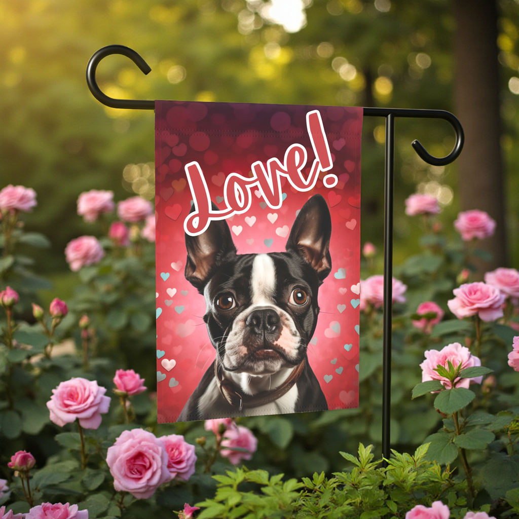Love Boston Terrier Garden Flag - front view - Dragonfire Gardens