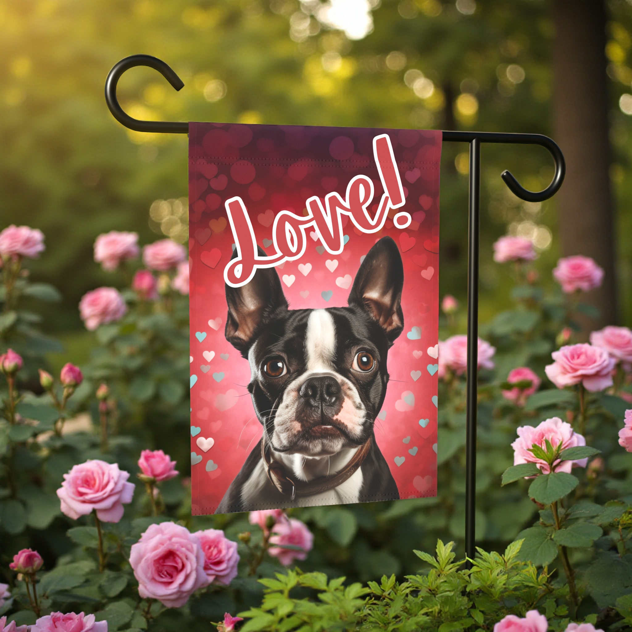 Love Boston Terrier Garden Flag - front view - Dragonfire Gardens