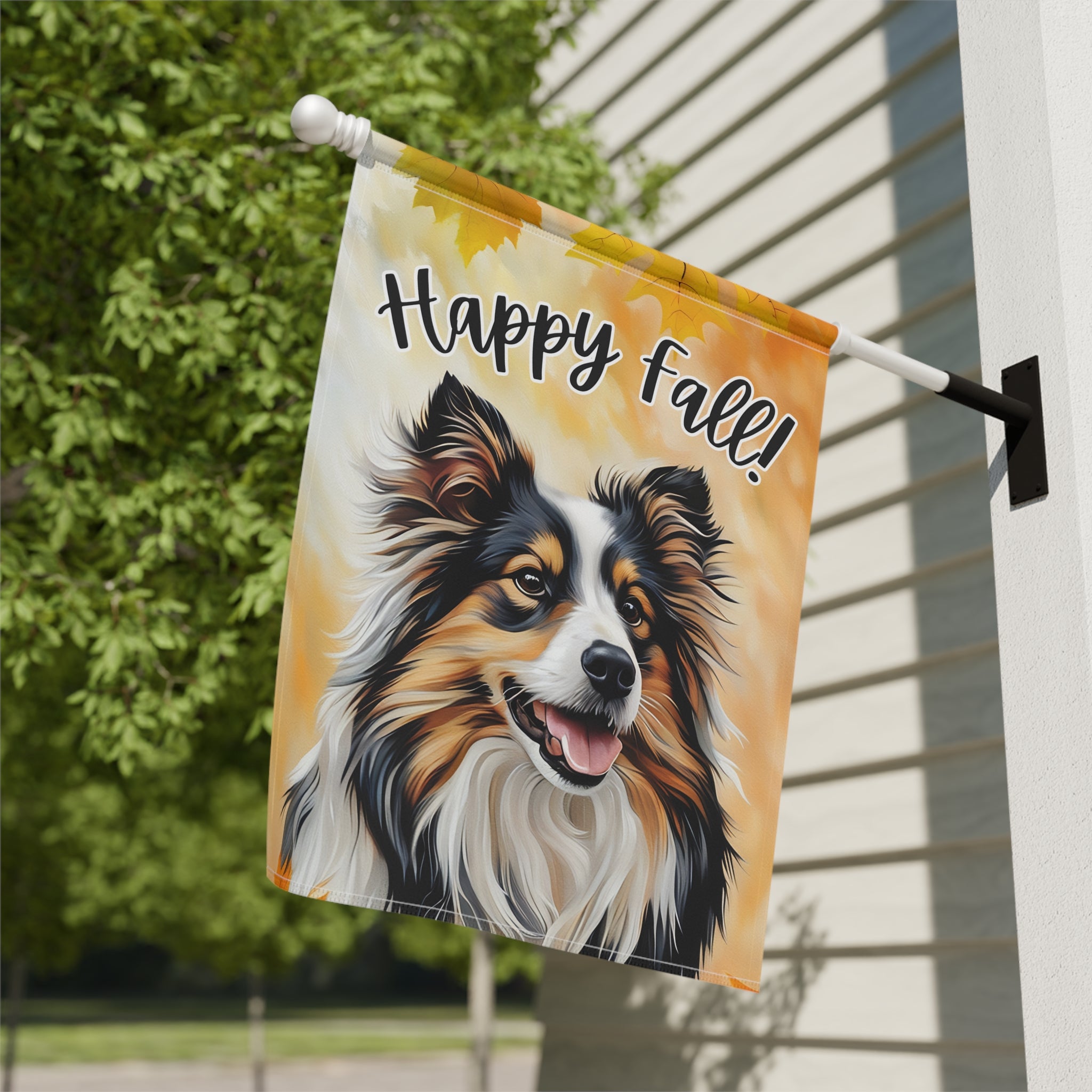 Happy Fall Sheltie Garden Flag - close-up detail - Dragonfire Gardens
