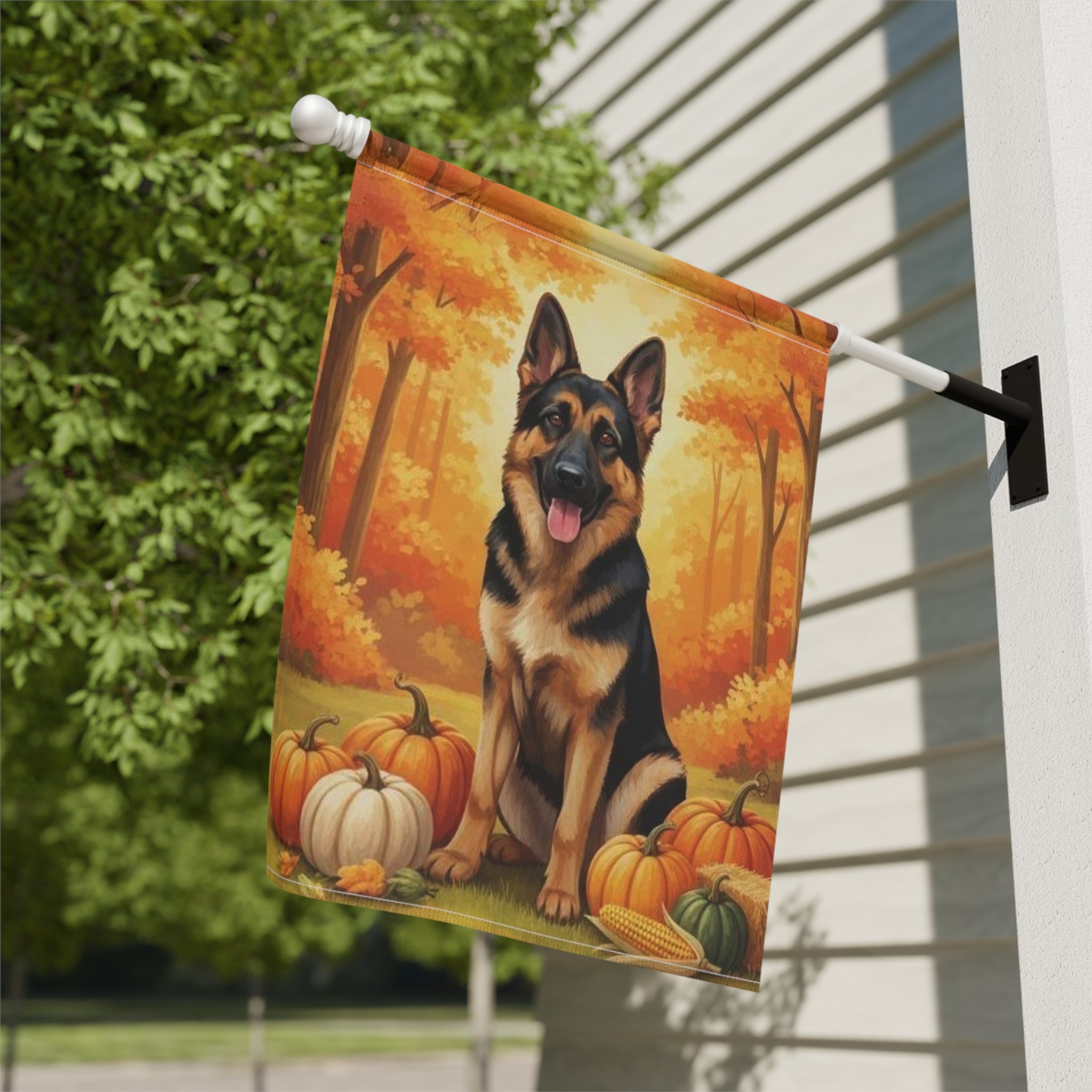 Fall Pumpkin German Shepherd Garden Flag - close-up detail - Dragonfire Gardens