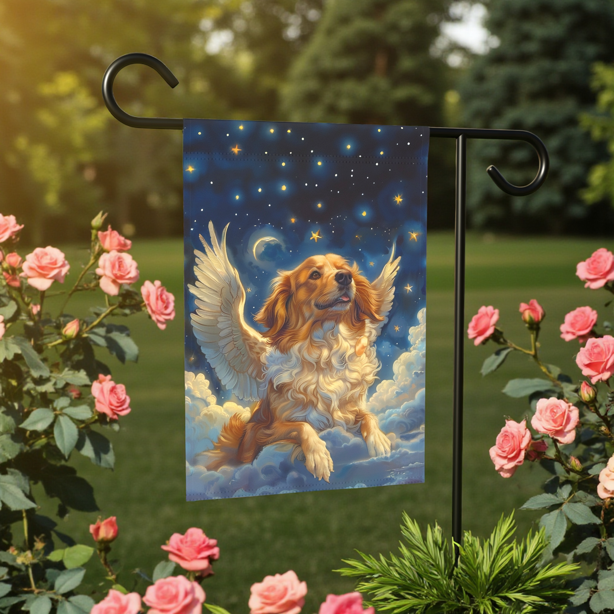 Golden Retriever Angel Garden Flag - size comparison - Dragonfire Gardens