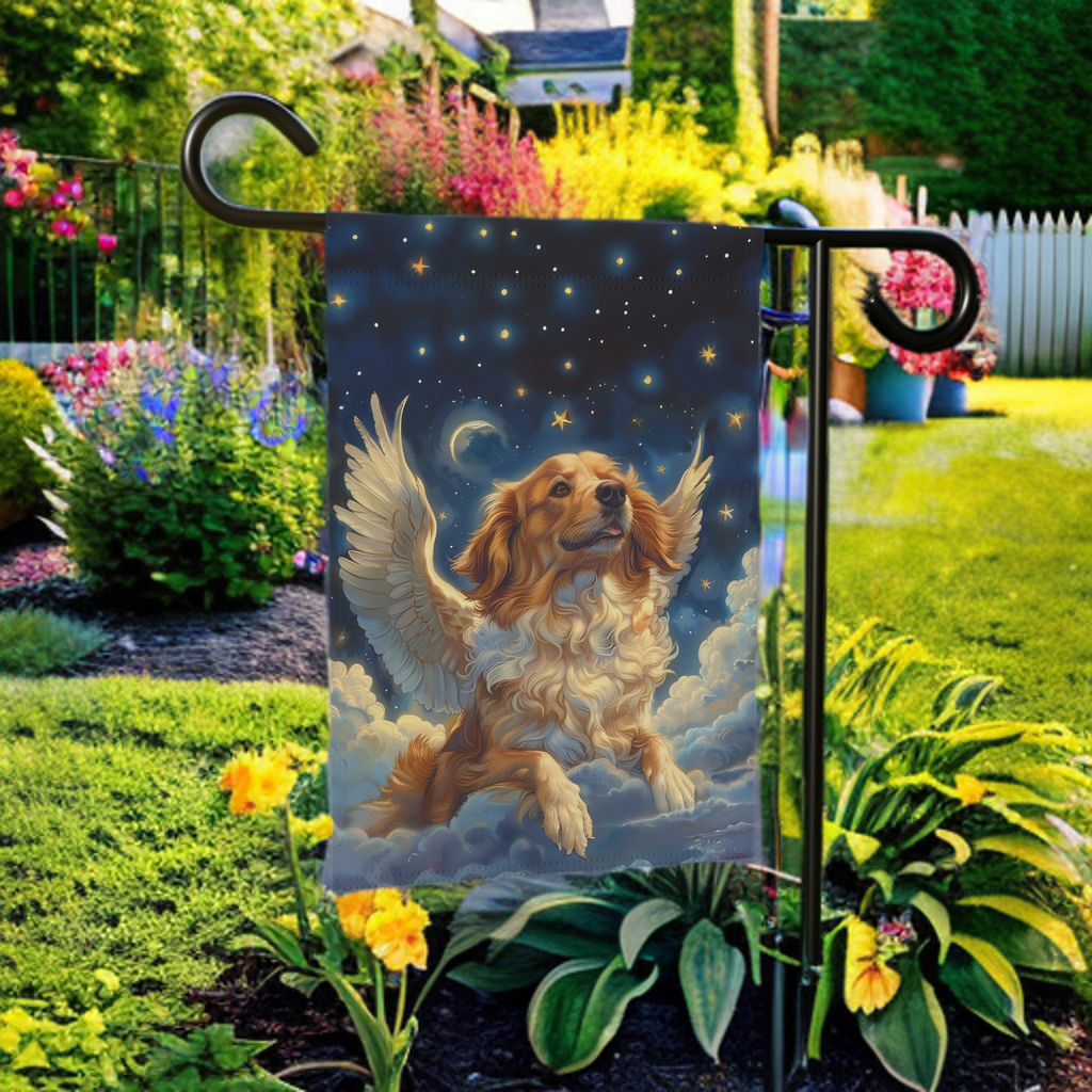 Golden Retriever Angel Garden Flag - lifestyle display - Dragonfire Gardens