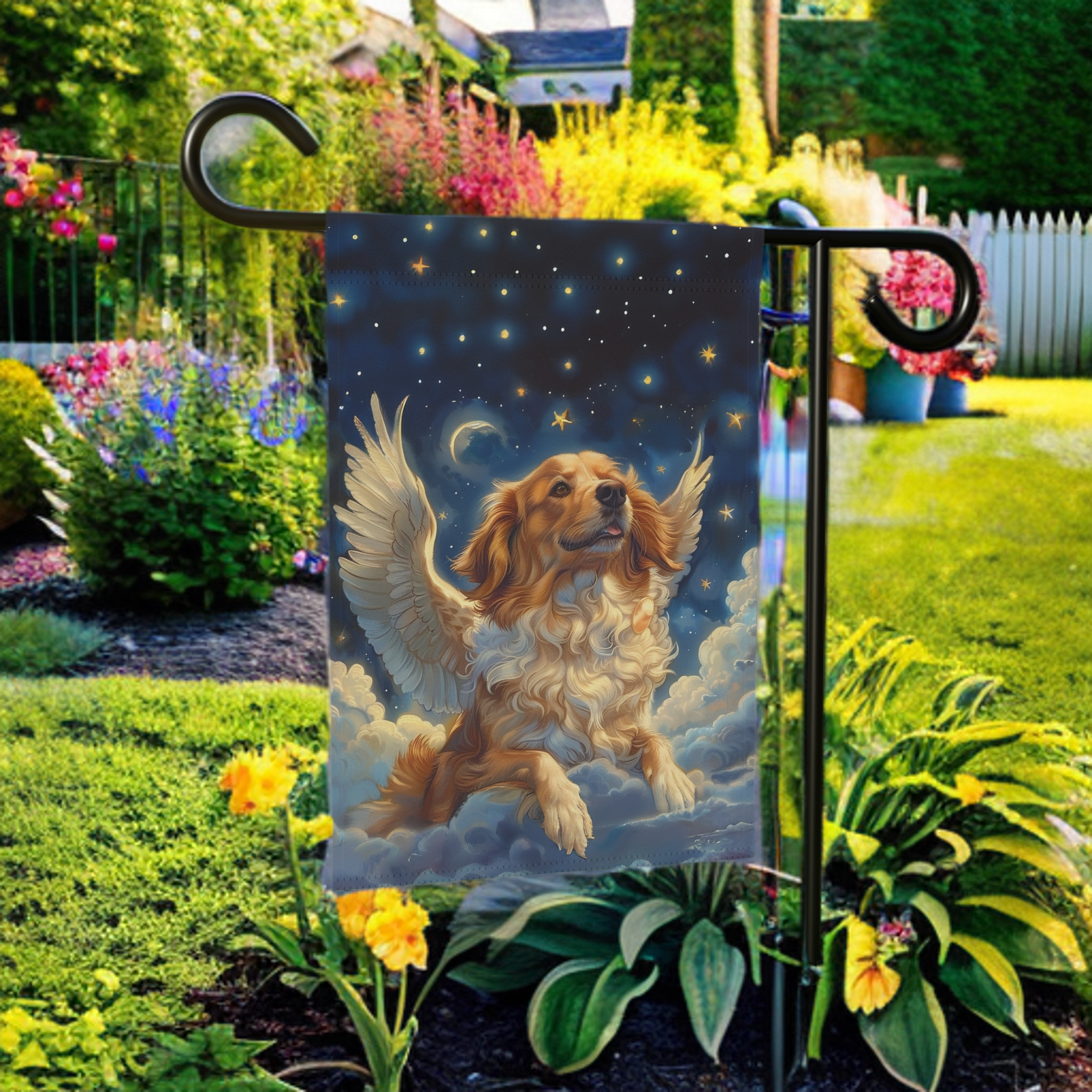 Golden Retriever Angel Garden Flag - lifestyle display - Dragonfire Gardens