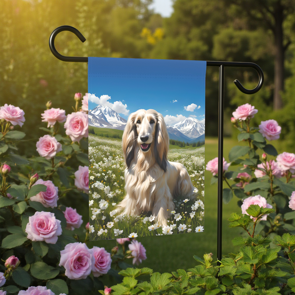 Afghan in the Meadow Garden Flag - lifestyle display - Dragonfire Gardens
