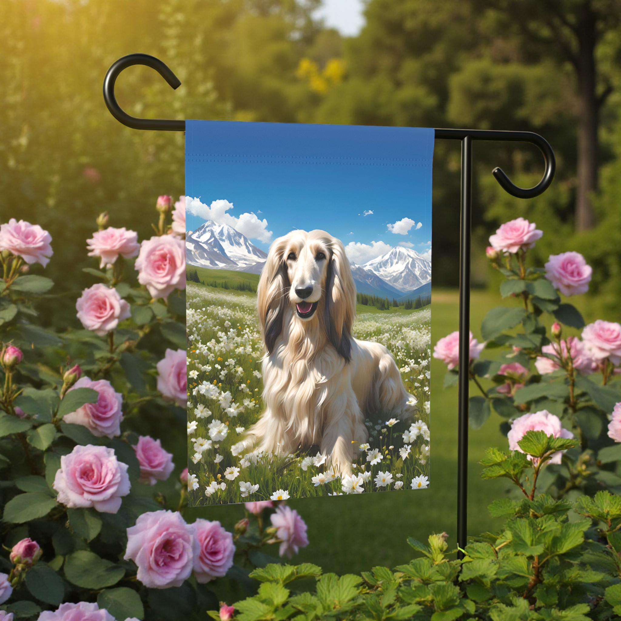 Afghan in the Meadow Garden Flag - lifestyle display - Dragonfire Gardens
