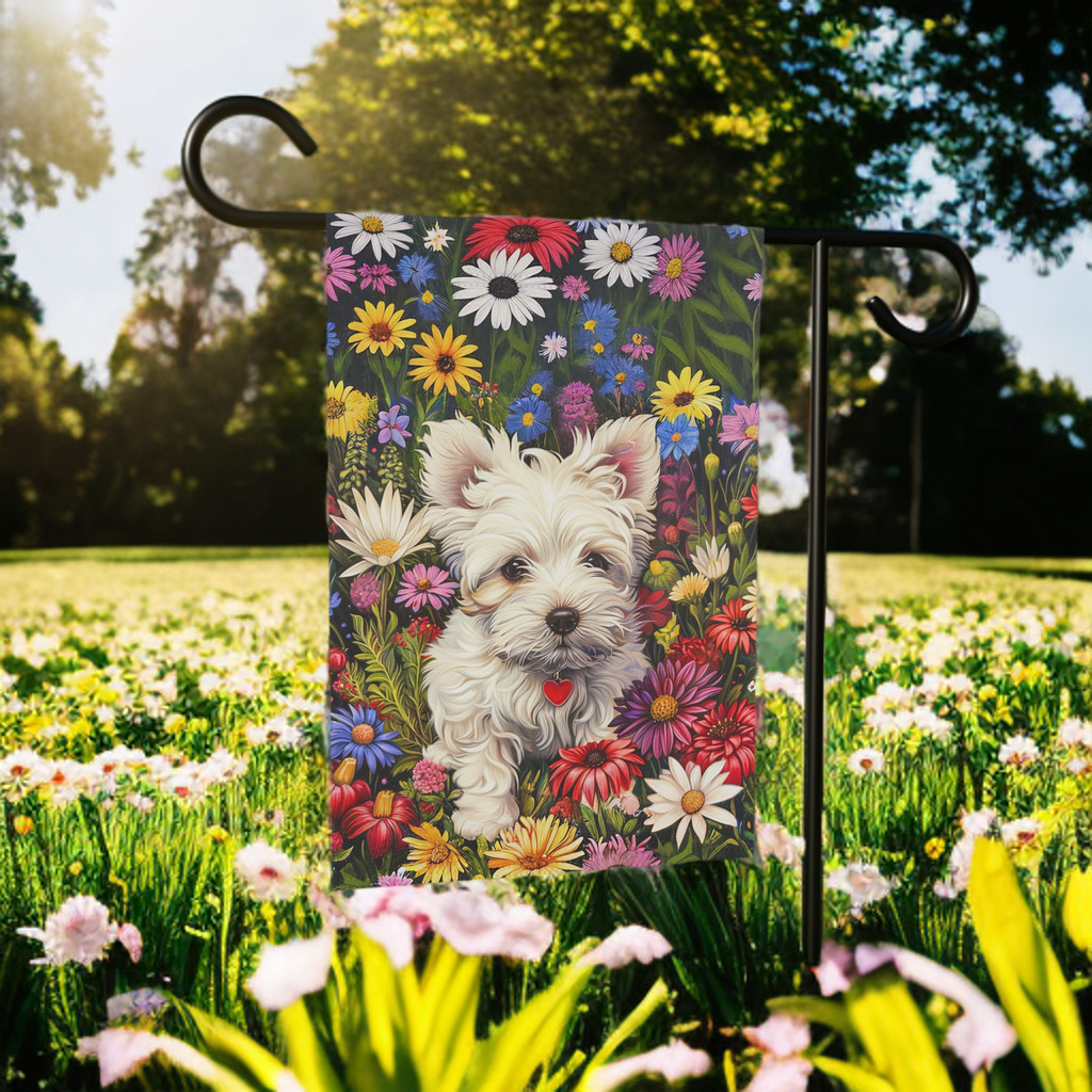 Westie Floral Garden Flag - size comparison - Dragonfire Gardens