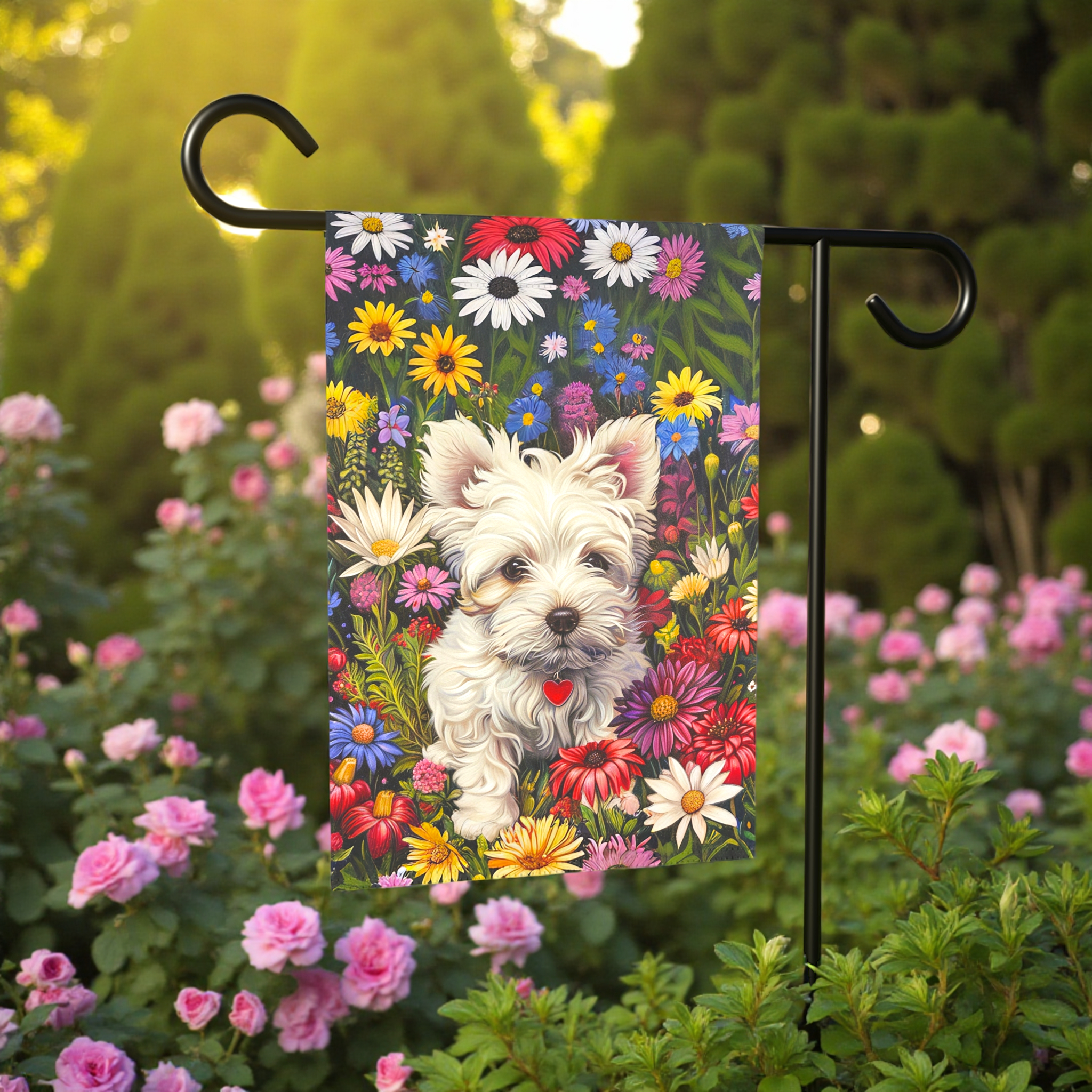 Westie Floral Garden Flag - lifestyle display - Dragonfire Gardens