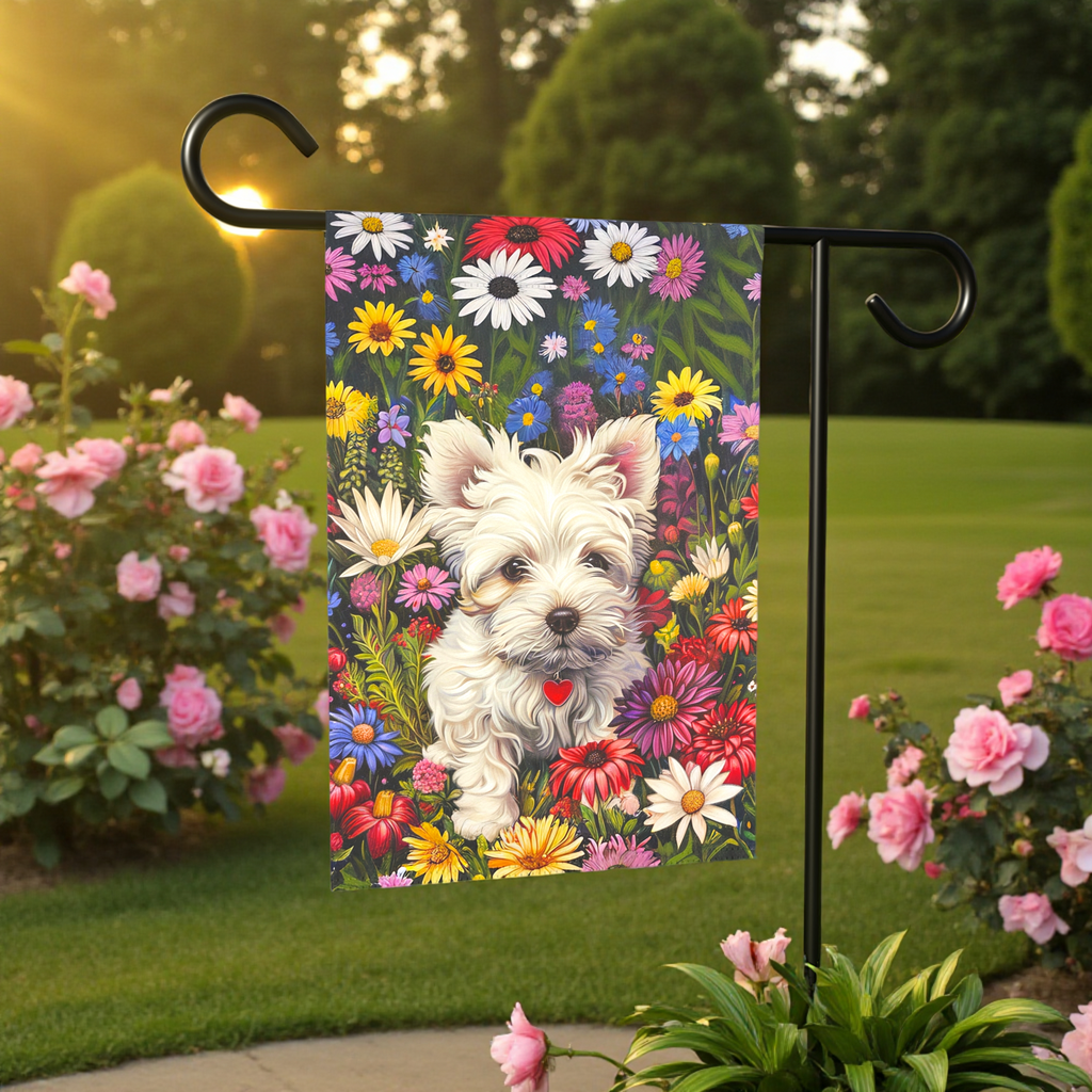 Westie Floral Garden Flag - front view - Dragonfire Gardens