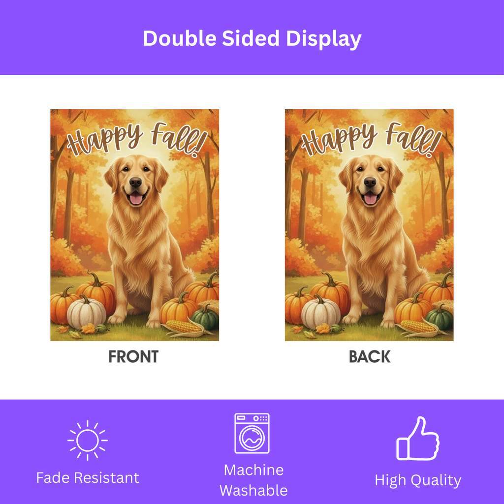 Happy Fall Pumpkin Golden Retriever Garden Flag - double-sided design - Dragonfire Gardens