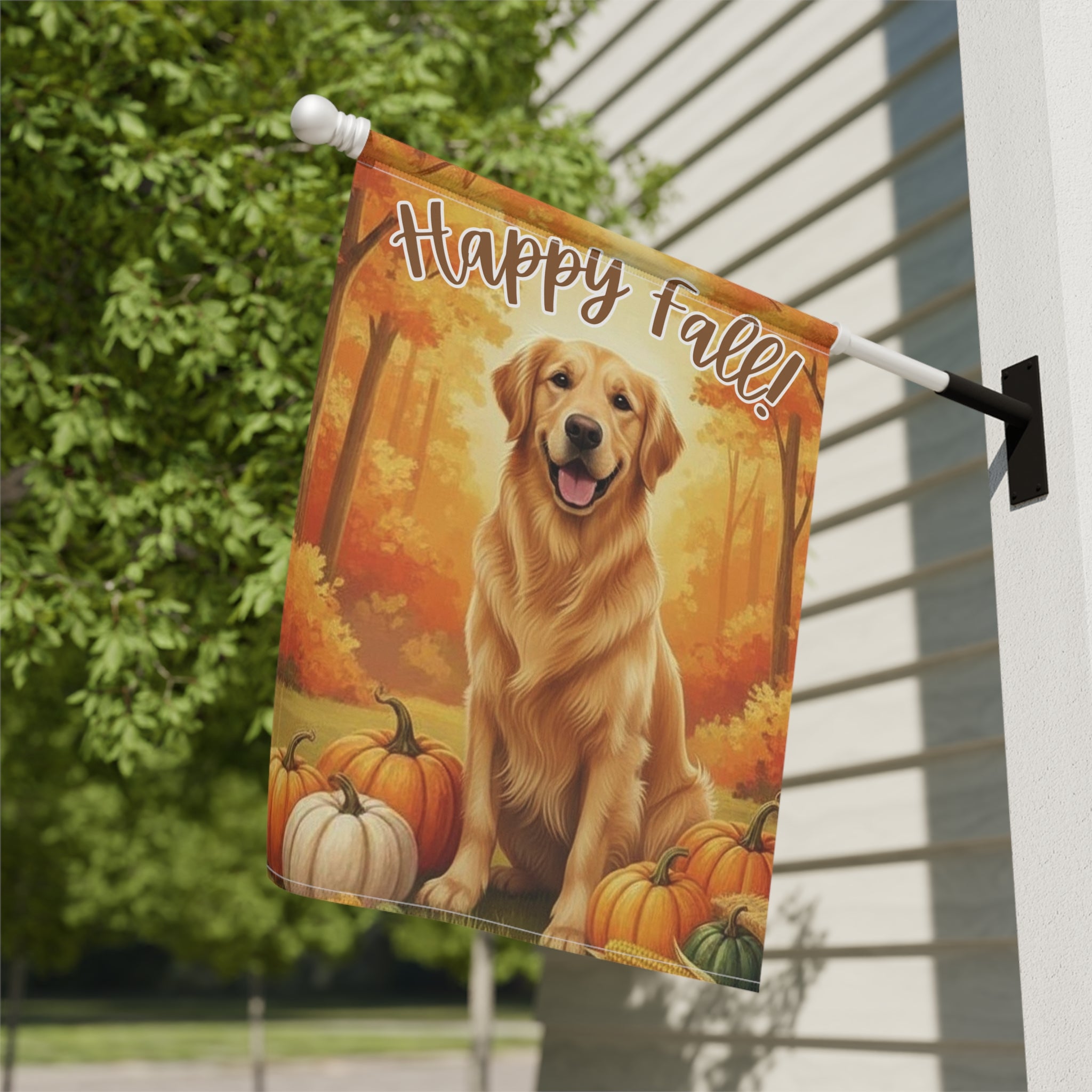 Happy Fall Pumpkin Golden Retriever Garden Flag - close-up detail - Dragonfire Gardens
