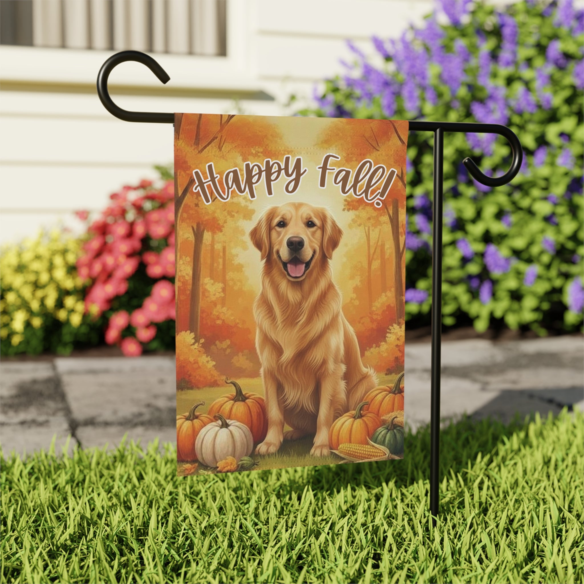 Happy Fall Pumpkin Golden Retriever Garden Flag - outdoor display - Dragonfire Gardens