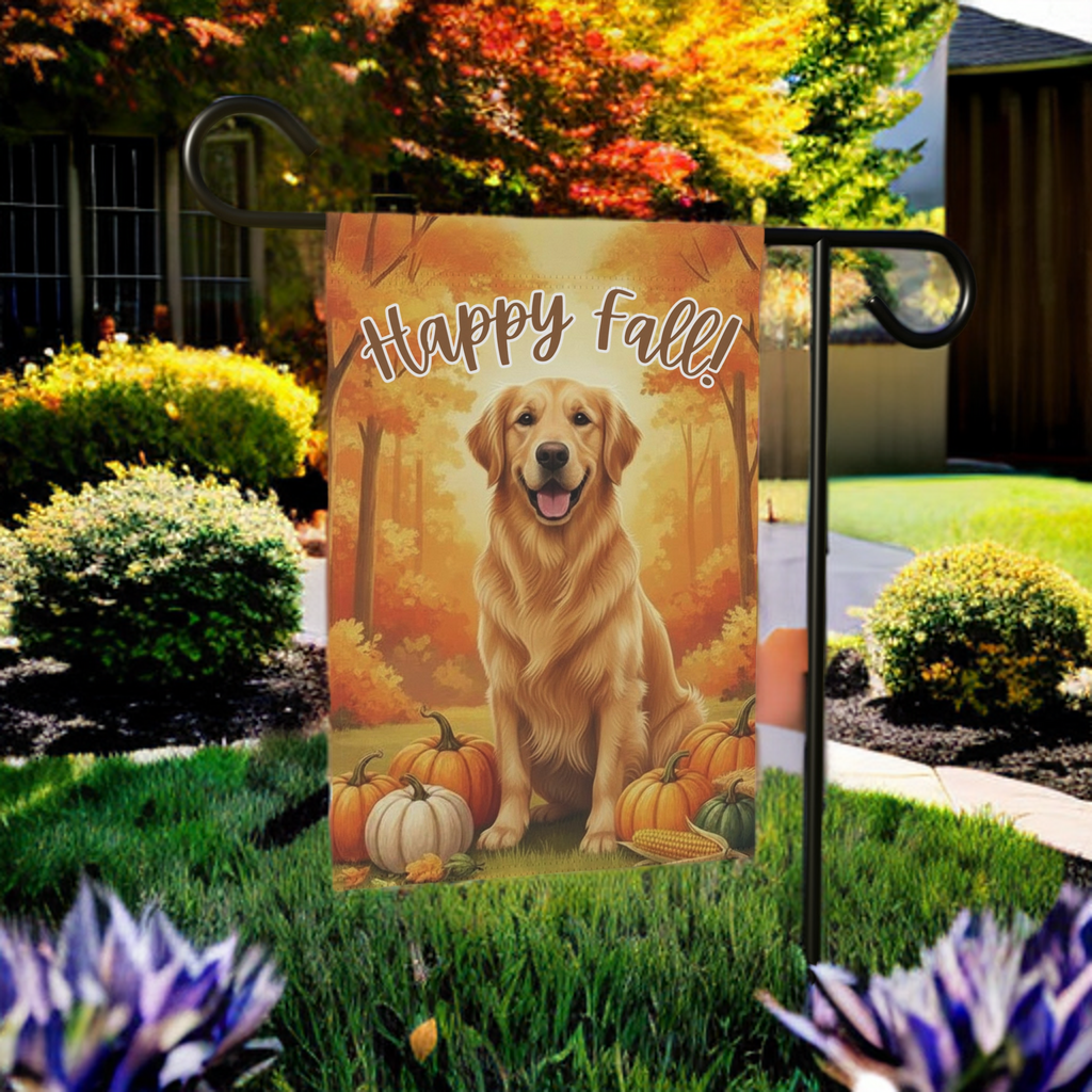 Happy Fall Pumpkin Golden Retriever Garden Flag - size comparison - Dragonfire Gardens