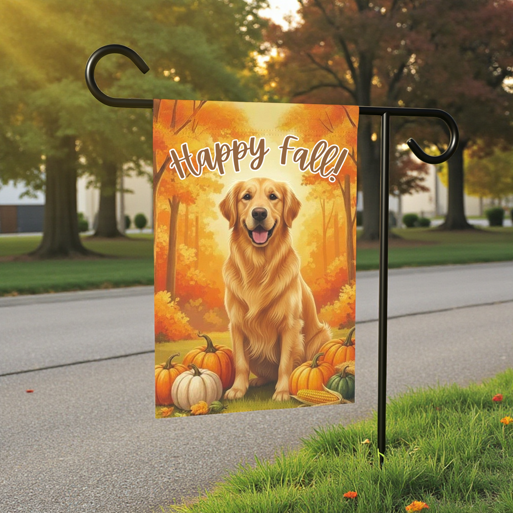Happy Fall Pumpkin Golden Retriever Garden Flag - lifestyle display - Dragonfire Gardens
