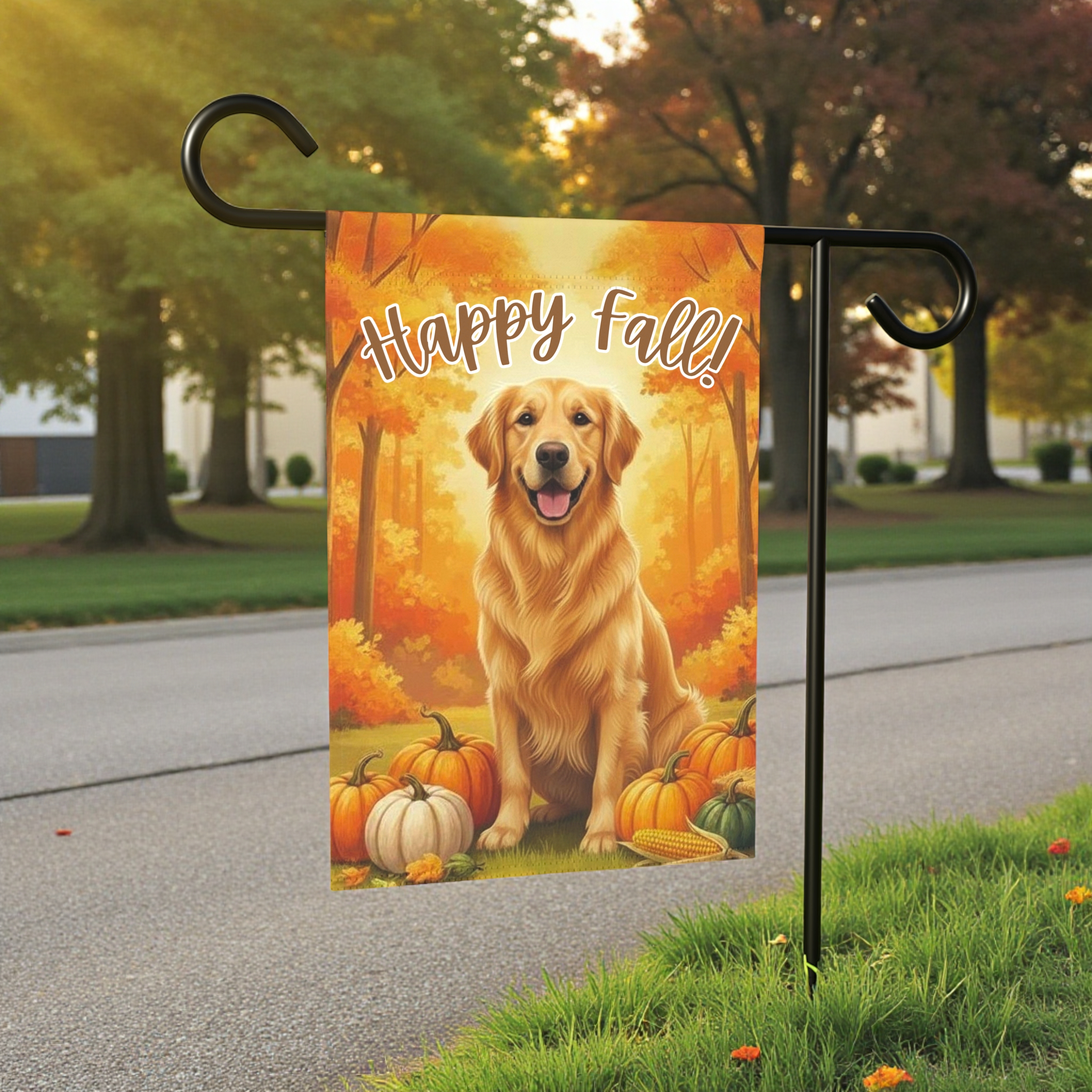Happy Fall Pumpkin Golden Retriever Garden Flag - lifestyle display - Dragonfire Gardens