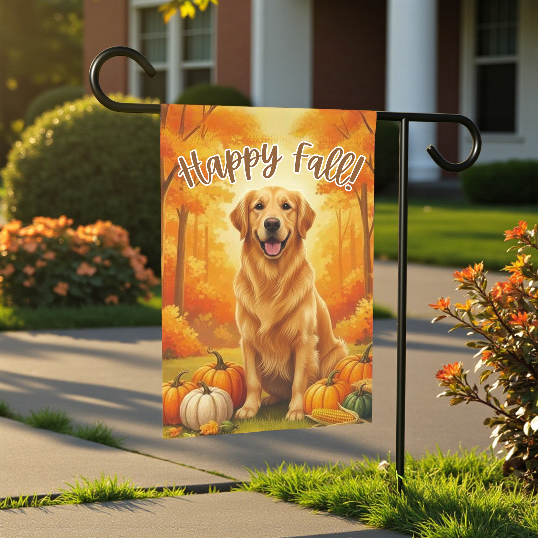 Happy Fall Pumpkin Golden Retriever Garden Flag - front view - Dragonfire Gardens