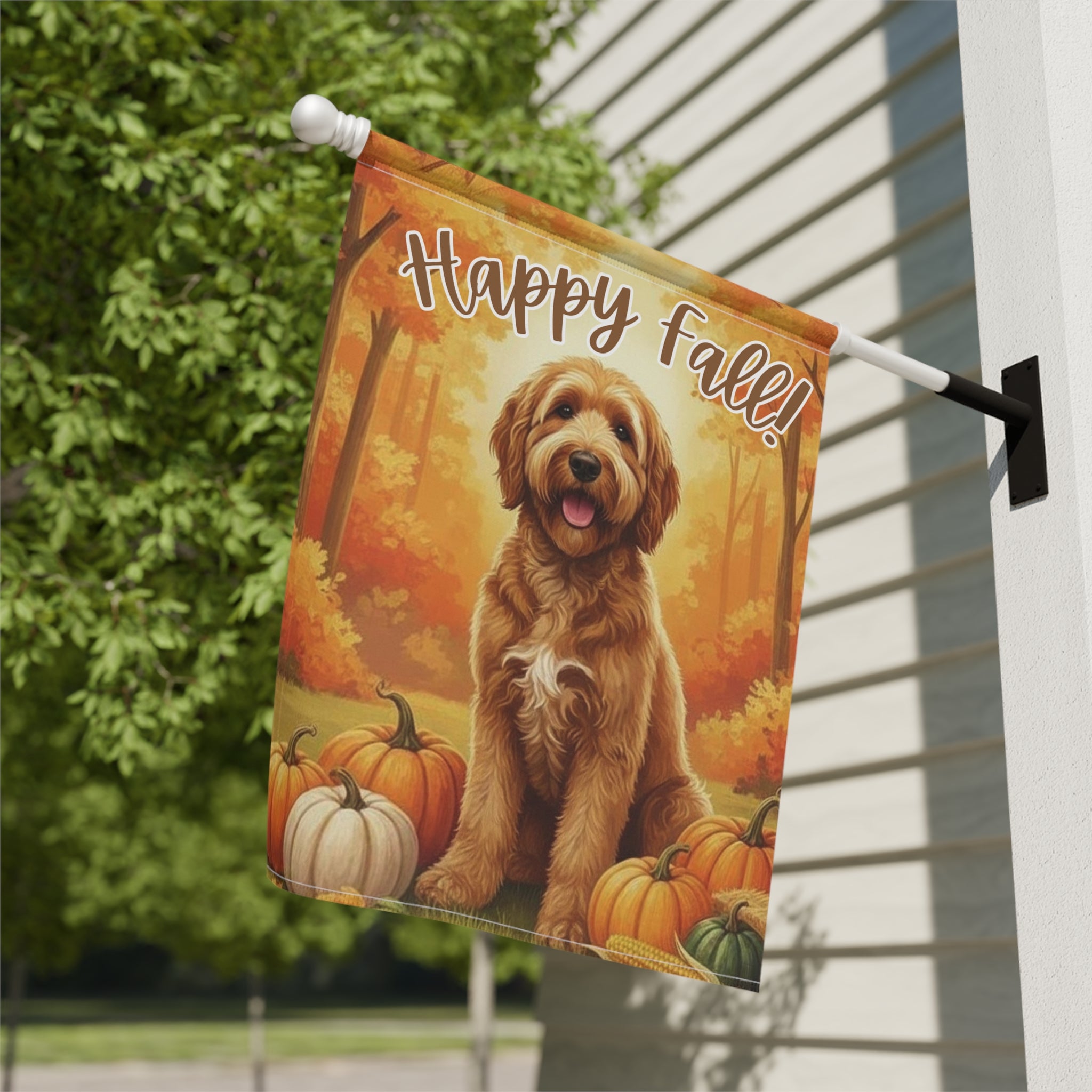 Happy Fall Pumpkin Golden Noodle Garden Flag - close-up detail - Dragonfire Gardens