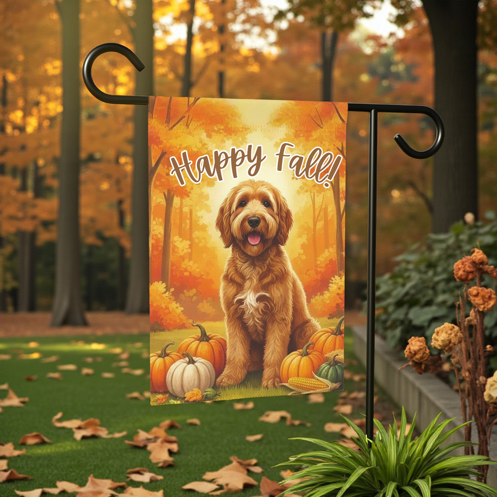 Happy Fall Pumpkin Golden Noodle Garden Flag - lifestyle display - Dragonfire Gardens
