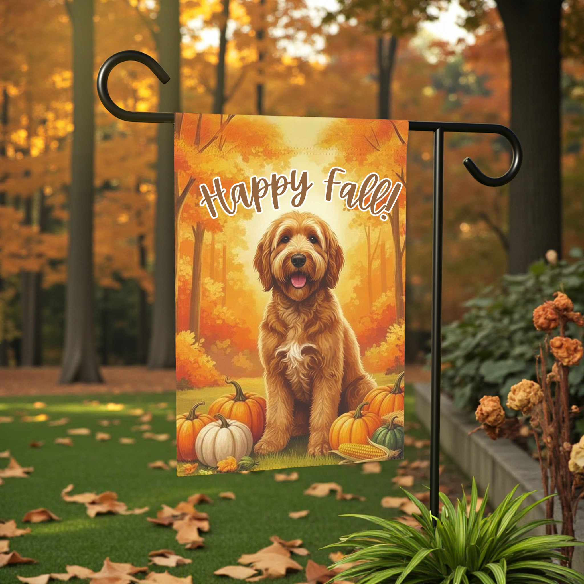 Happy Fall Pumpkin Golden Noodle Garden Flag - lifestyle display - Dragonfire Gardens