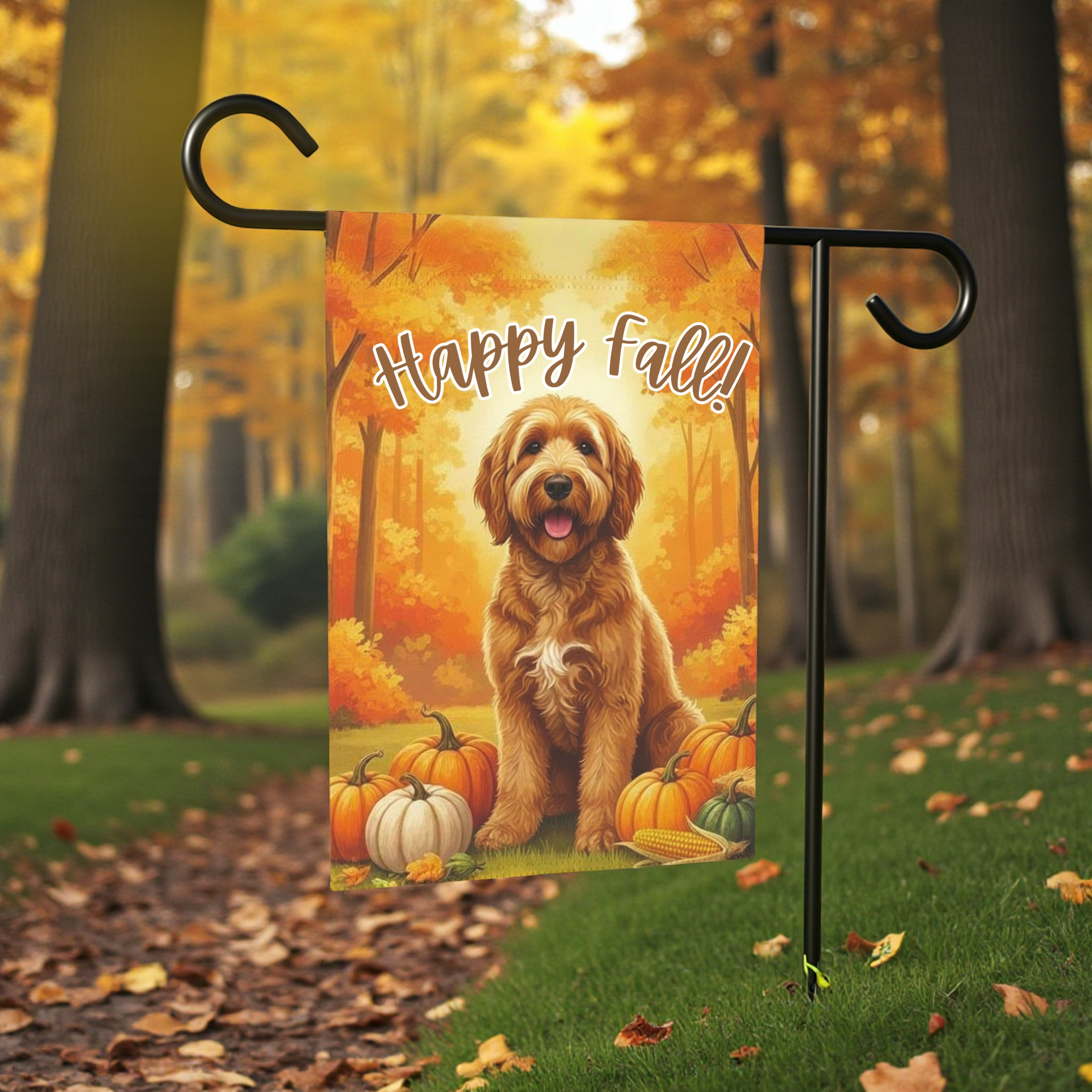 Happy Fall Pumpkin Golden Noodle Garden Flag - front view - Dragonfire Gardens